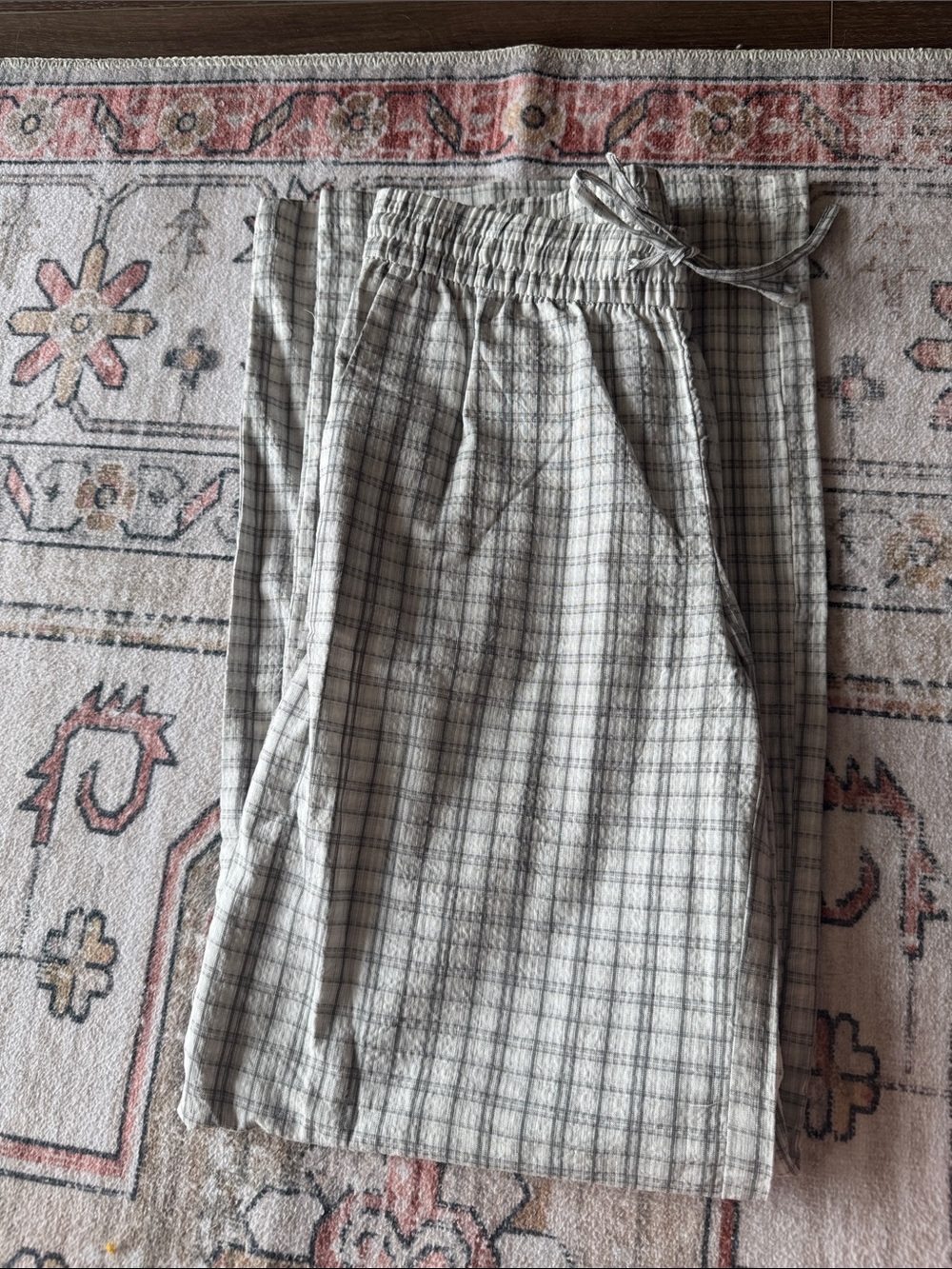 Light Gray Plaid Cotton Drawstring Pants